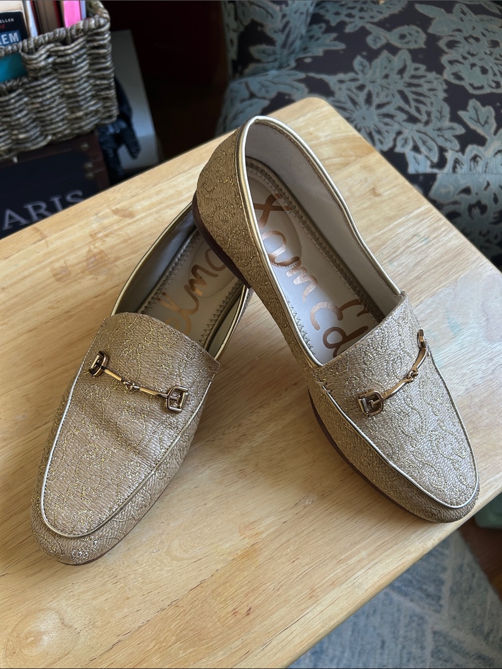 Sam Edelman Tan & Gold Brocade Women's Loafers with Decorative Bit size 8